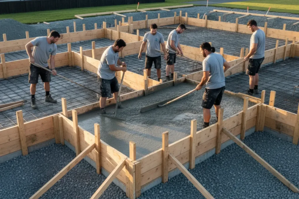 Concrete Curbing Kapiti team pouring and leveling concrete foundations for a new building site on the Kapiti Coast