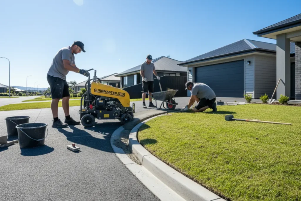 Concrete Curbing Kapiti team using modern equipment to install smooth curbing along a residential driveway on the Kapiti Coast