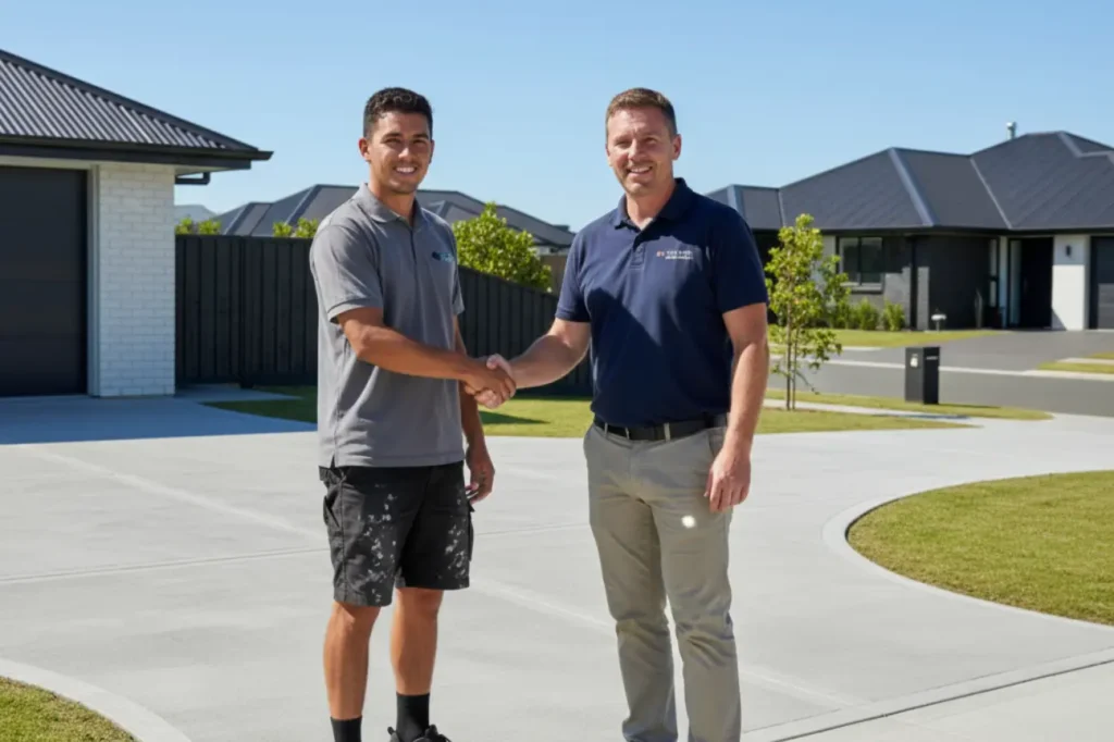 Concrete Curbing Kapiti team member shaking hands with a satisfied client beside a new concrete driveway on the Kapiti Coast