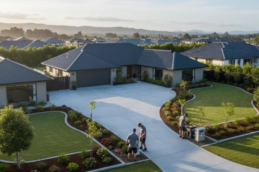 Concrete Curbing Kapiti team completing a large residential driveway and landscaping project on the Kapiti Coast during daylight