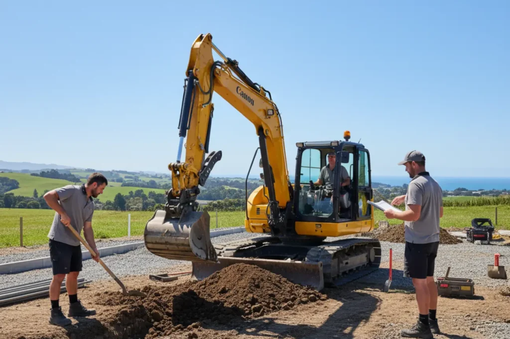 Concrete Curbing Kapiti team using excavation equipment on a sunny Kapiti Coast project site preparing land for concrete curbing work